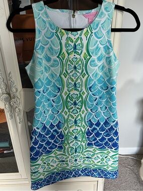 Lilly Pulitzer Aqua, Teal & Navy Patterned Sleeveless Shift Dress